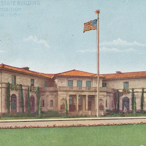 California: cartolina d'epoca del North Dakota State Building alla Pan Pacific Expo di San Francisco, California, circa 1915.