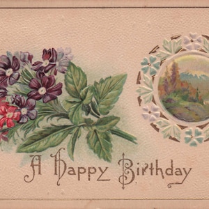 A Happy Birthday - Antike Geprägte Postkarte mit Blumen und Landschaft
