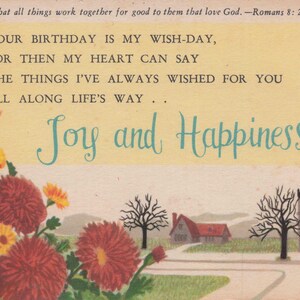 Birthday: Antique Birthday Postcard - "Joy and Happiness" with Vibrant Flowers and Countryside Scene - Vintage 1920s Inspiration