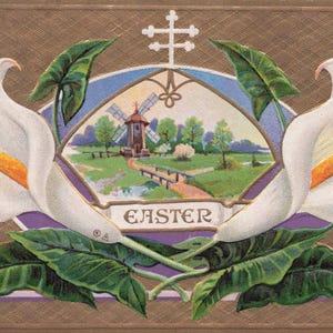 Carte postale antique de 1912 – Superbe design de lys avec une scène de moulin
