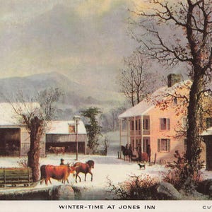 Antike Postkarte "Winter-Time at Jones Inn" von Currier & Ives – Reproduktion eines Original-Lithografie von 1853