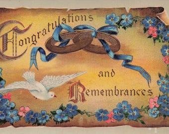 Vintage 1911 Graduation Postcard: Embossed Rings, Forget-Me-Nots
