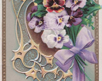 アンティークバレンタインポストカード：1910年代の赤いハートと紫の花