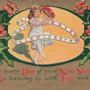Carte Postale Ancienne de Nouvel An avec Coquelicots en Relief et Fille Dansante - Début des Années 1900, Livraison Gratuite Dans le Monde