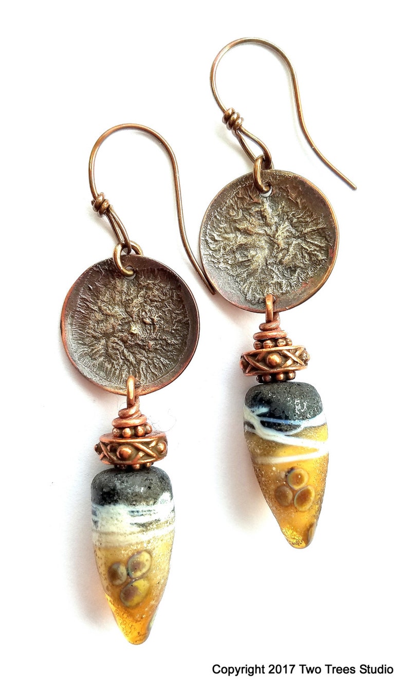 ancient Artisan earrings tribal artisan-made lampwork glass handcrafted gift for her silver-fused copper rustic