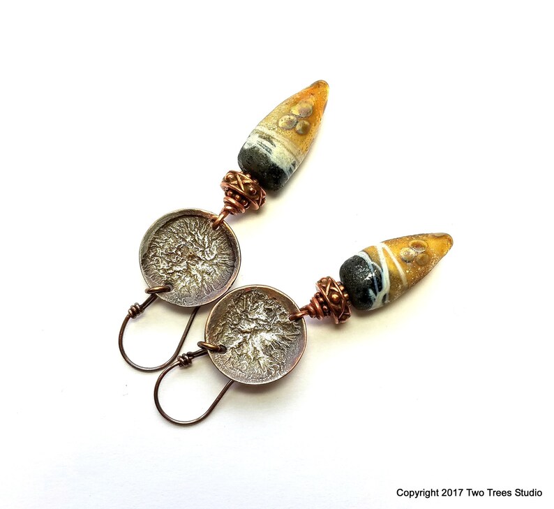 ancient Artisan earrings tribal artisan-made lampwork glass handcrafted gift for her silver-fused copper rustic
