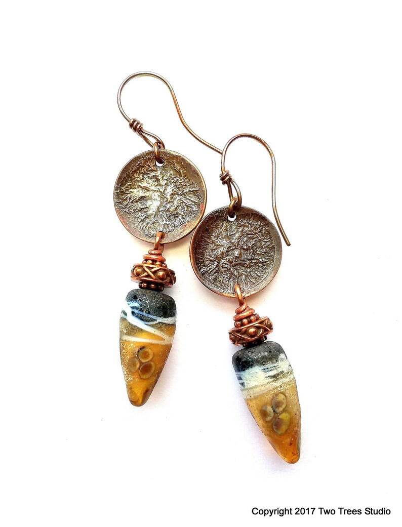 ancient Artisan earrings tribal artisan-made lampwork glass handcrafted gift for her silver-fused copper rustic