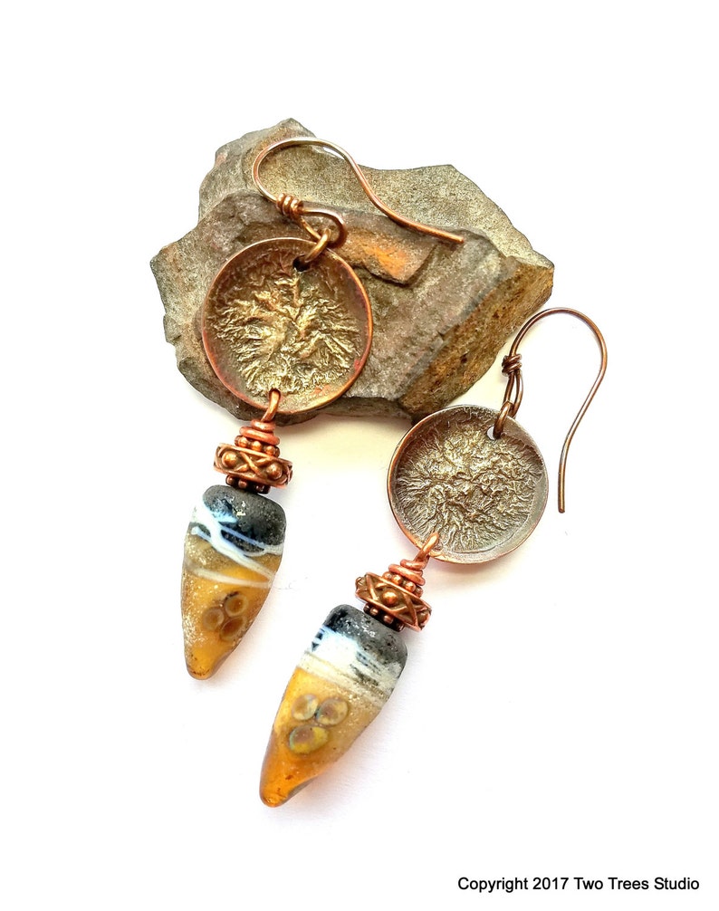 ancient Artisan earrings tribal artisan-made lampwork glass handcrafted gift for her silver-fused copper rustic