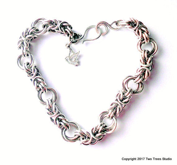 Sterling silver chain mail bracelet oxidised Byzantine weave.