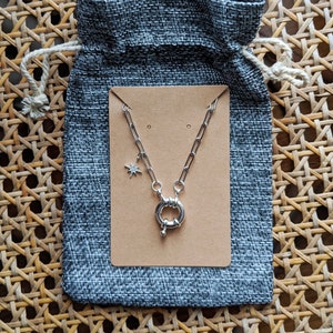 Silver plated layering necklace, paper clip chain with fancy clasp and north star charm
