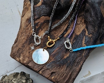 mini clip // beaded carabiner lock necklace - MOP charm, star charm, gold or silver