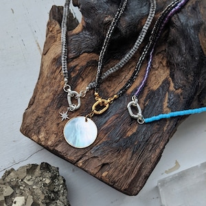 mini clip // beaded carabiner lock necklace - MOP charm, star charm, gold or silver
