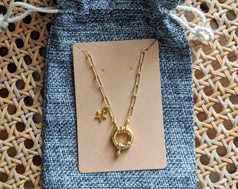 Gold plated necklace, paper clip chain with fancy clasp and star charm, layering necklace