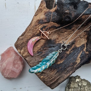 boho layers // plated layering necklace, dainty chain, toggle clasp, crescent moon charm, feather charm