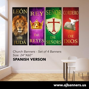 Church Banners, set of 4 banners - León de Judá Cordero de Dios Señor de los Señores, Rey de Reyes