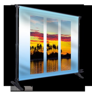 May include: A retractable banner stand with a blue and white gradient background and a sunset scene with palm trees. The banner is printed with three vertical images of the same sunset scene.