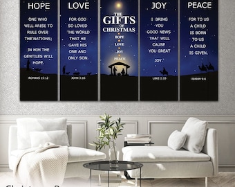 May include: Set of five Christmas banners with a blue background and white stars. Each banner features a different word: Hope, Love, The Gifts of Christmas, Joy, and Peace. Each banner includes a Bible verse and a silhouette image.