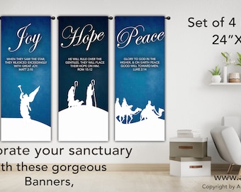May include: Set of four 24" x 60" banners with a blue background and white silhouettes of nativity scenes. Each banner features a different word: Love, Joy, Hope, and Peace. Each banner also includes a Bible verse related to the word.