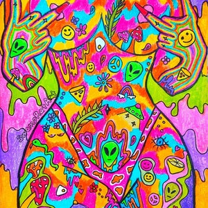 Psychedelic Trippy Hippie Nude Girl Art, Cow Print Thong Wall Art