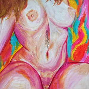 May include: Abstract painting of a nude figure with a pink, white, and yellow color scheme. The figure is partially obscured by a colorful background with swirls of blue, green, yellow, and red.