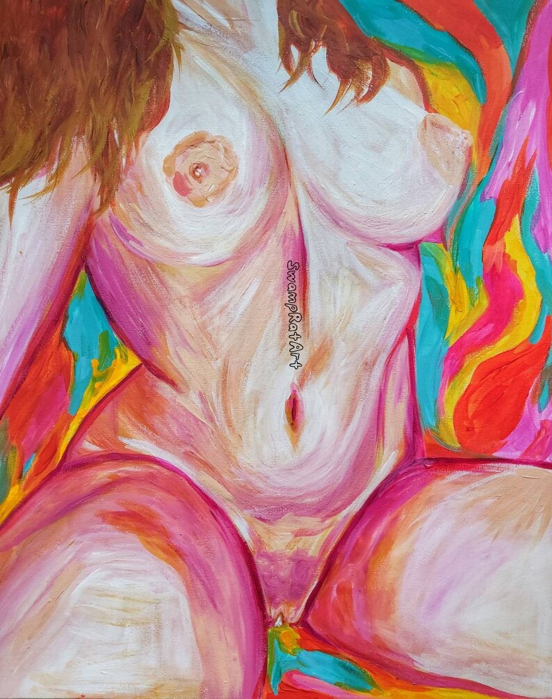 May include: Abstract painting of a nude figure with a pink, white, and yellow color scheme. The figure is partially obscured by a colorful background with swirls of blue, green, yellow, and red.