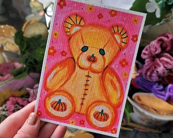 Pumpkin Teddy Bear Art Print, Pastel Goth Y2k Decor
