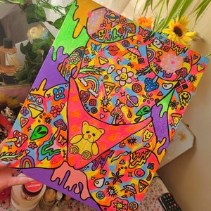 Psychedelic Trippy Hippy Nude Girl Wall Art, Colourful Aesthetic Art