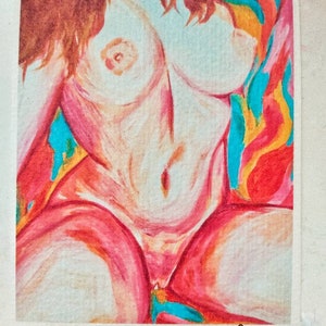 May include: Abstract painting of a nude figure in shades of pink, red, and blue. The figure is depicted in a reclining pose with a colorful background.