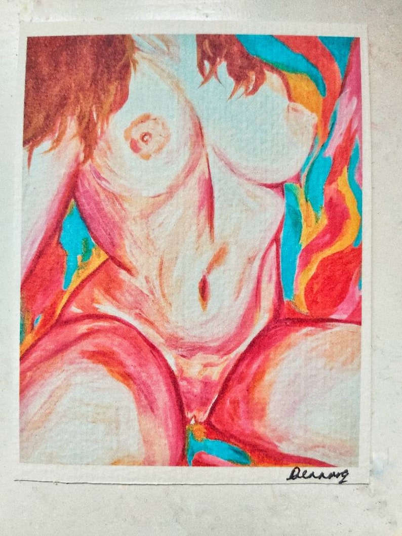 May include: Abstract painting of a nude figure in shades of pink, red, and blue. The figure is depicted in a reclining pose with a colorful background.