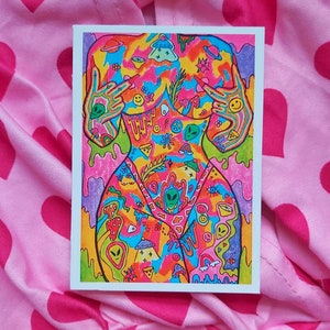 Psychedelic Trippy Hippie Nude Girl Art, Cow Print Thong Wall Art