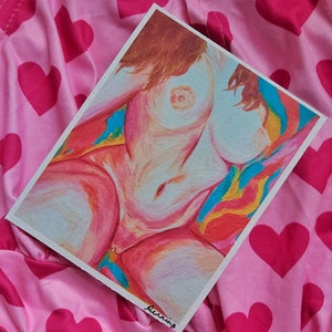 May include: A watercolor painting of a nude figure with a colorful background. The figure is painted in shades of pink and white, with a hint of blue in the background. The painting is signed "Jennings" in the bottom right corner.