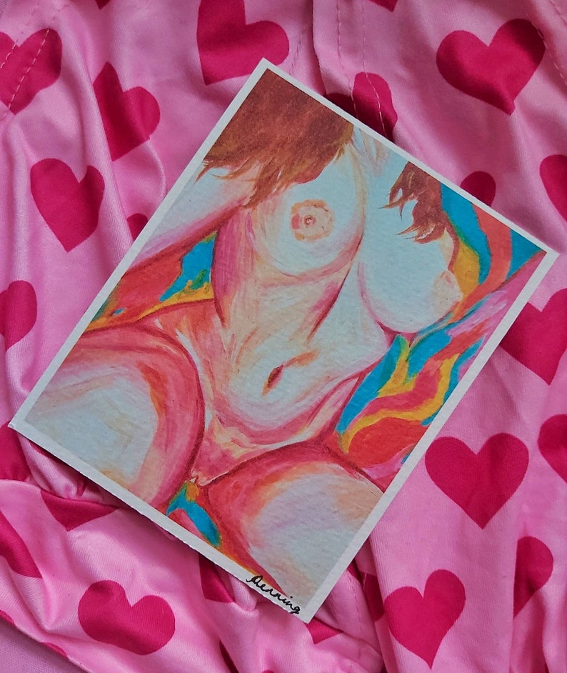 May include: A watercolor painting of a nude figure with a colorful background. The figure is painted in shades of pink and white, with a hint of blue in the background. The painting is signed "Jennings" in the bottom right corner.