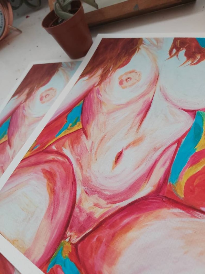 May include: A painting of a nude figure with a pink and red color scheme. The figure is sitting with their legs crossed and their arms are outstretched. The background is a vibrant blue and yellow.