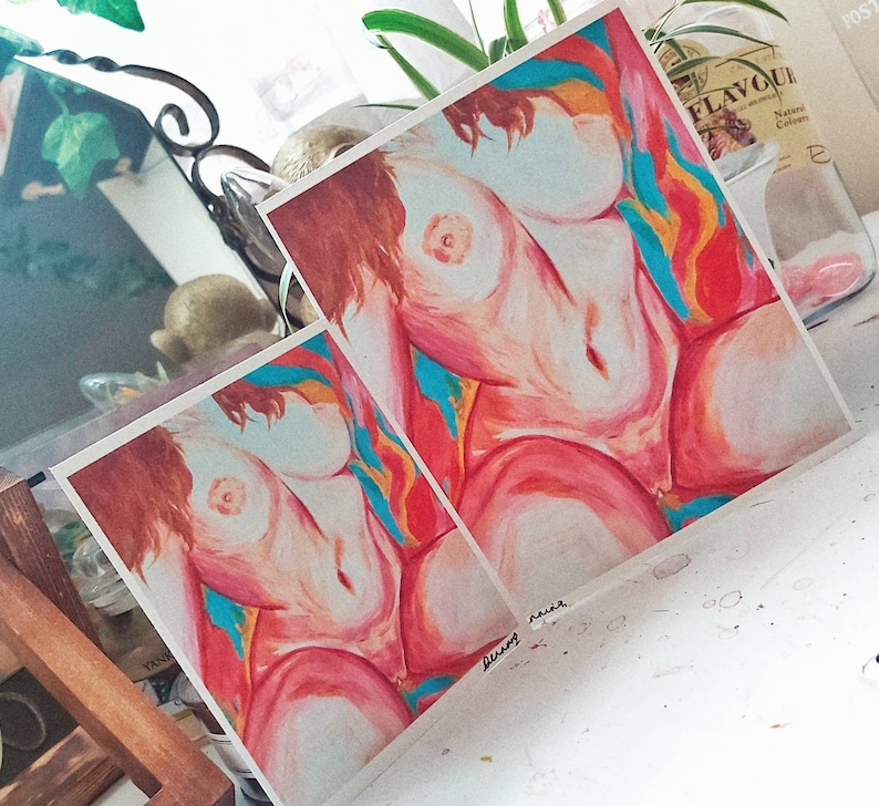 May include: Two paintings of a nude figure with a colorful background. The figure is painted in a realistic style with soft, blended colors. The background is a mix of bright, abstract shapes.