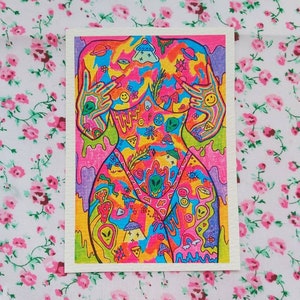 Psychedelic Trippy Hippie Nude Girl Art, Cow Print Thong Wall Art