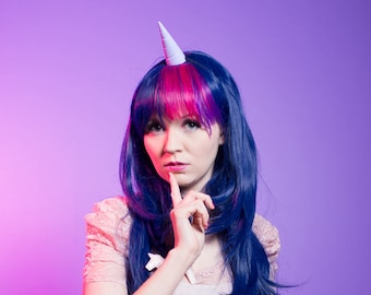 Twilight Sparkle Unicorn  - Blue Purple Pink Long  Wavy  Soft Layered with  Pony Tail Ponytail Clip On Cosplay Best Quality
