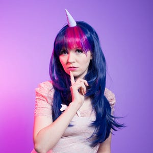 Twilight Sparkle Unicorn  - Blue Purple Pink Long  Wavy  Soft Layered with  Pony Tail Ponytail Clip On Cosplay Best Quality