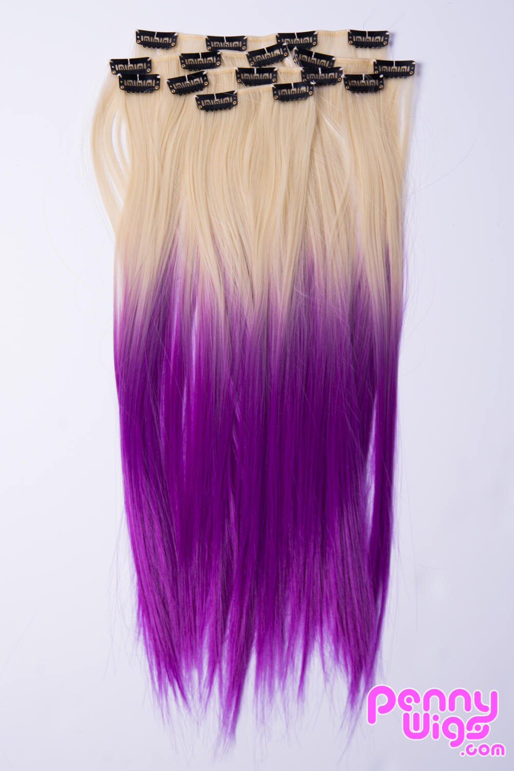 Pennywigs Blonde Ombre Purple Dip Dyed Straight Clip In Hair Extensions 7 Pieces Pastel Lavender Layered Fade Realistic Natural Faux