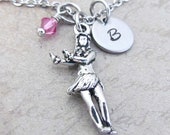 Hula Girl Charm Necklace, Personalized Hand Stamped Initial Birthstone Antique Silver Hawaiian Girl Charm Necklace