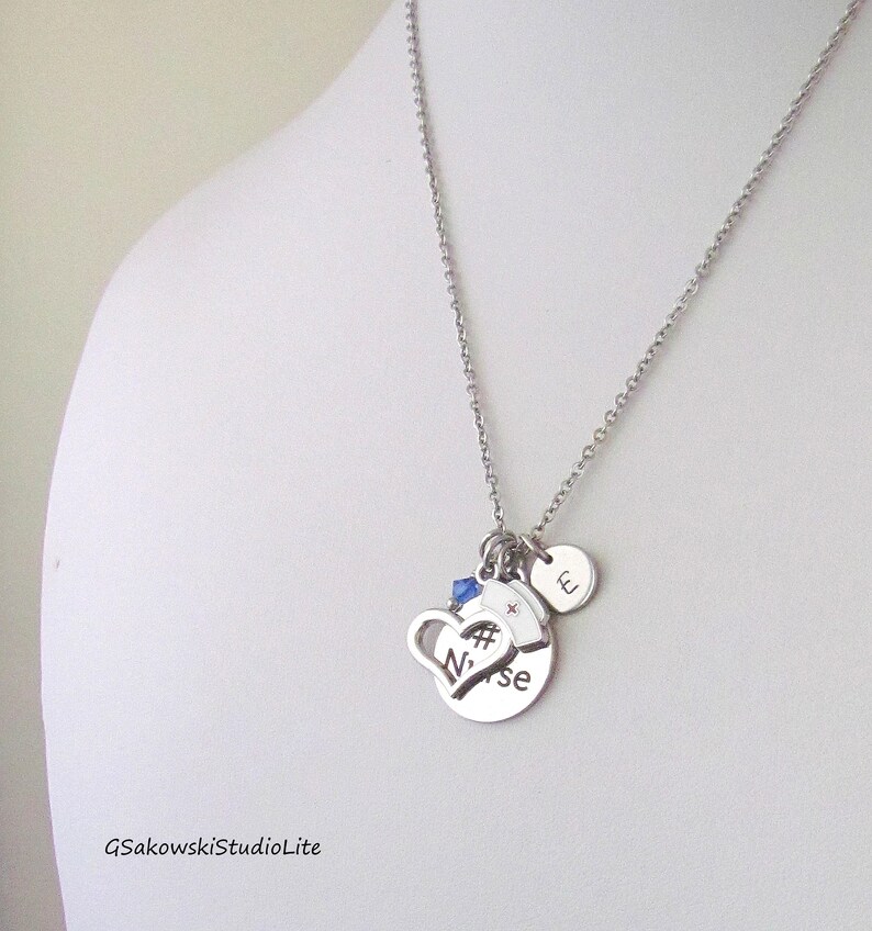 Number One Nurse Nurse Heart Charm Necklace Personalized Hand Stamped Initial Antique Silver Heart Nurse Charm Necklace