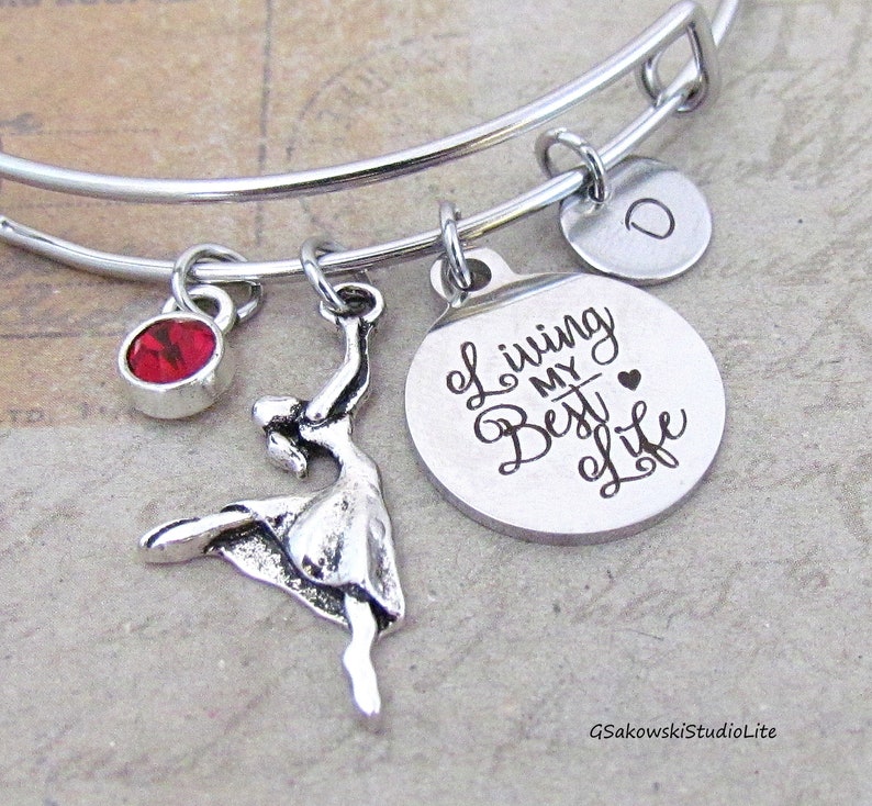 Living my Best Life Dancer Bangle Personalized Hand Stamped Initial Birthstone Contemporary Dancer Charm Stainless Steel Expandable Bracelet