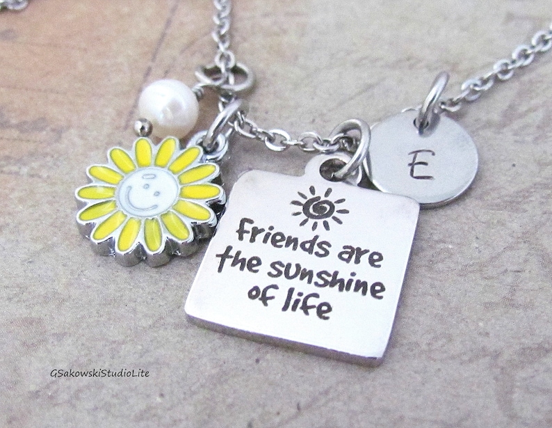 Friends are the sunshine of life Sun Charm Necklace Personalized Hand Stamped Initial Monogram Birthstone Antique Silver Sunshine Necklace