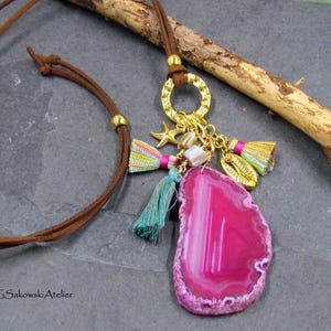 Natural Pink Agate Slice Pendant, Agate Starfish Shell Tassels Pendant Leather Cord Boho Necklace Beachy Boho Chic Geode Agate Necklace