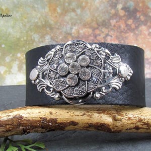 Rhinestone Flower Leather Cuff Bracelet, Silver Filigree Black Leather Wristband Rustic Glam Boho Chic Flower Cuff Bracelet