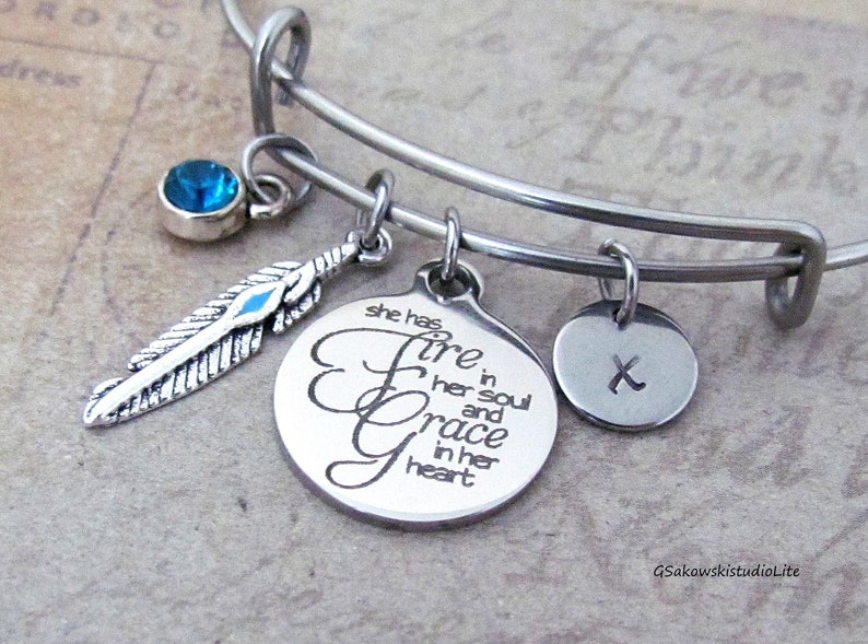 She Has Fire In Her Soul And Grace In Her Heart Personalized Hand Stamped Initial Birthstone Inspirational Stainless Steel Bangle Bracelet