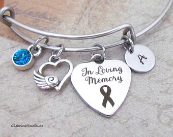 In loving memory Winged Heart Charm Personalized Hand Stamped Initial Birthstone Memorial Stainless Steel Bangle Bracelet