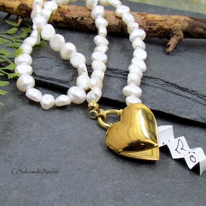 Gold Heart Locket Pearl Necklace, Freshwater Pearls Gold Front Clasp Heart Stainless Steel Locket Necklace, Front Clasp Locket Necklace