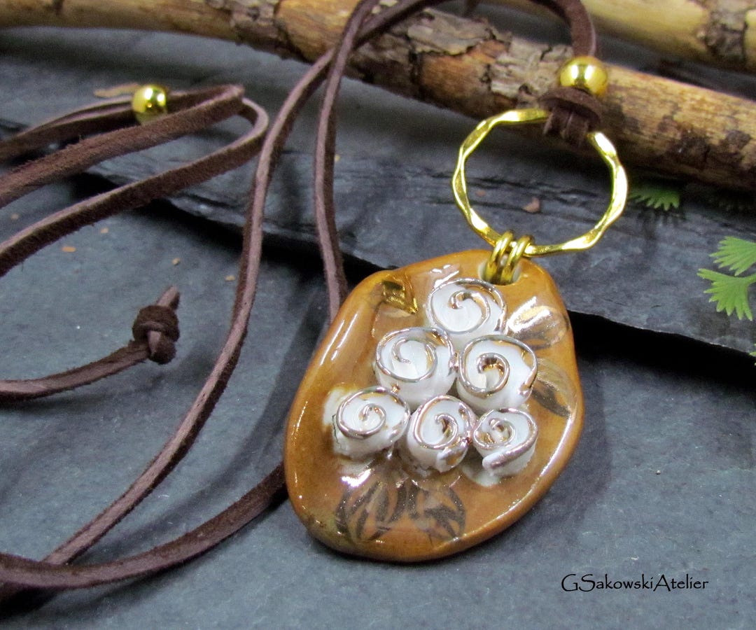 Ceramic Bouquet of Roses Pendant Leather Cord Necklace, White Roses ...