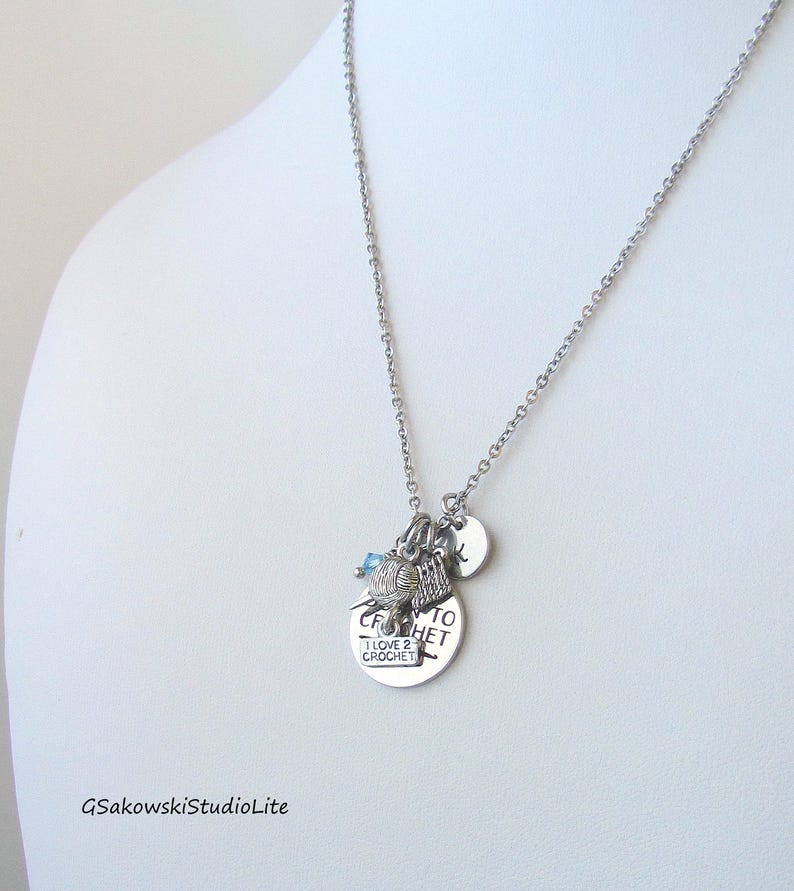 Crochet Charm Necklace Personalized Hand Stamped Initial Birthstone Born to Crochet I love to Crochet Necklace