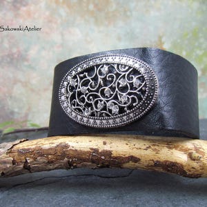 Rhinestone Ornate Oval Leather Cuff Bracelet, Silver Bee Black Leather Wristband Rustic Glam Boho Chic Rhinestone Leather Cuff Bracelet